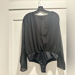 NBD Black Long-Sleeve Surplice Bodysuit